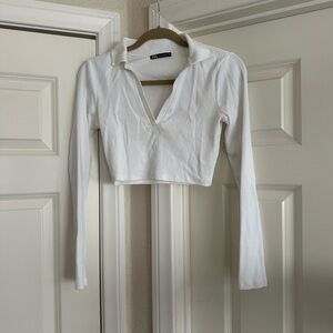 Zara White Ribbed Polo Collar Crop Button Down Shirt